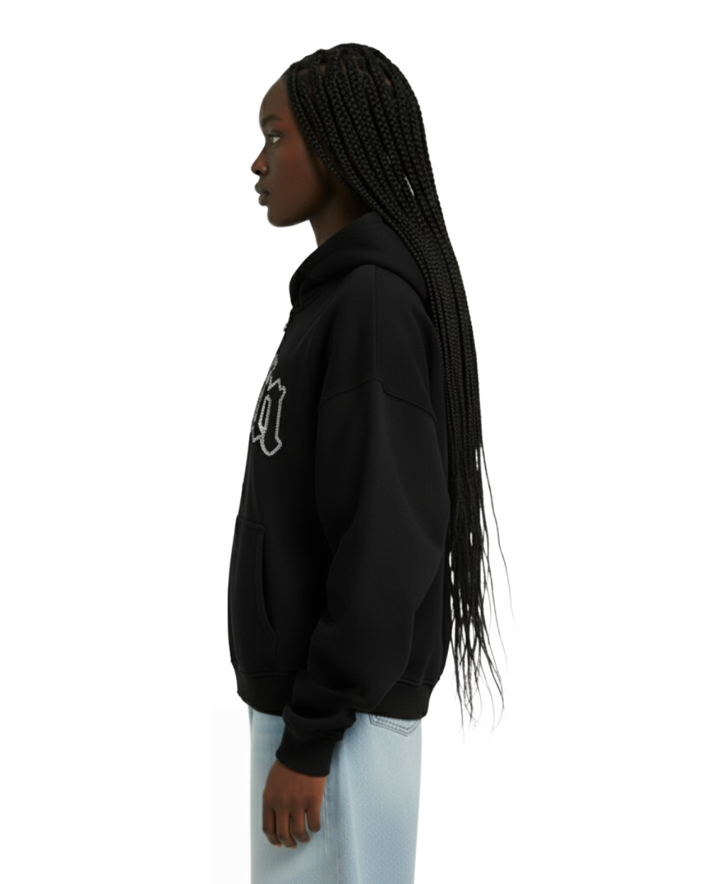 RHINESTONE OVERSIZED ZIP-UP HOODIE BLACK