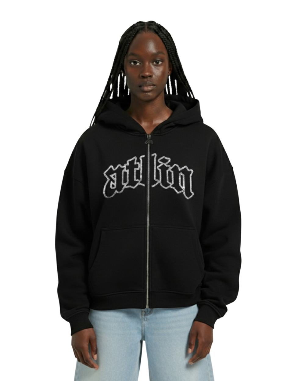RHINESTONE OVERSIZED ZIP-UP HOODIE BLACK